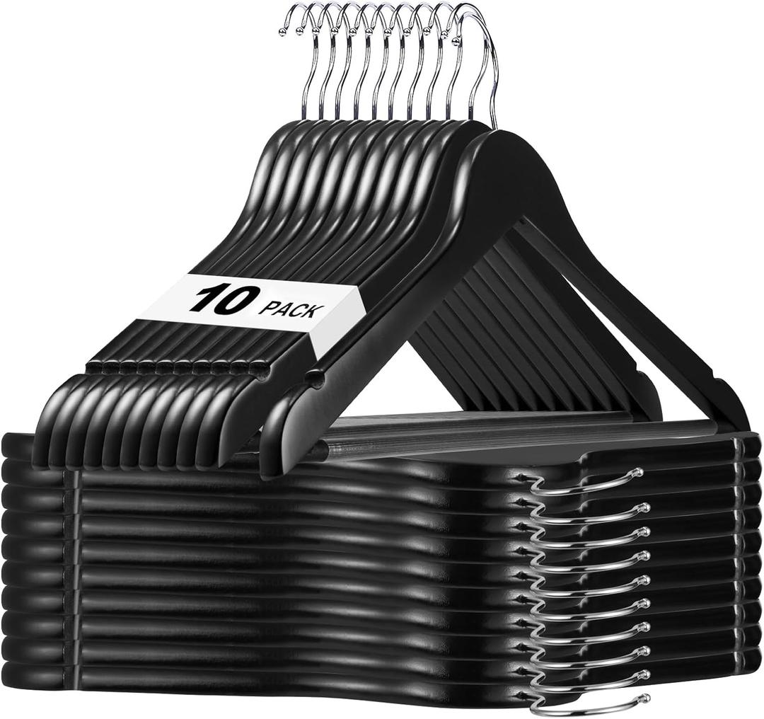 HOUSE DAY Black Wooden Hangers 10 Pack, Solid Wood Hanger with Non Slip Pant Bar, Heavy Duty Wooden Coat Hanger for Closet, Smooth Finish Wood Clothes Hangers for Shirts, Suits, Jackets, Dress