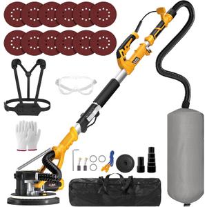 GEVEELIFE Drywall Sander, 880W 7.33A Electric Drywall Sander with Vacuum Dust Collector, 5 Variable Speed 1000-2100RPM, LED Light, Foldable & Extendable Handle, 12 Sanding Discs