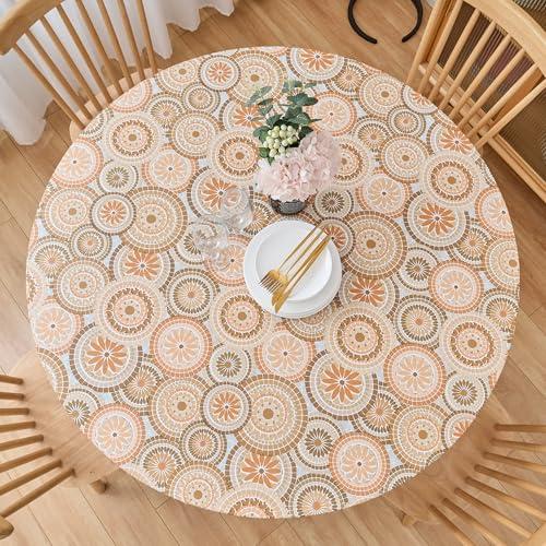 LIBERECOO Round Fitted Tablecloth with Elastic, Flannel Backed Vinyl Tablecloths for 40" - 44" Tables, Waterproof Wipeable Reusable Plastic Tablecloth for Indoor & Outdoor, Boho Sunburst Medallion
