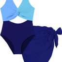 Funnycokid Girls One Piece Swimsuit Size 10-12 Bathing Suit Twist-Knot Blue Color Block Adjustable Straps Pad Teen Swimwear with Cover Up Skirt