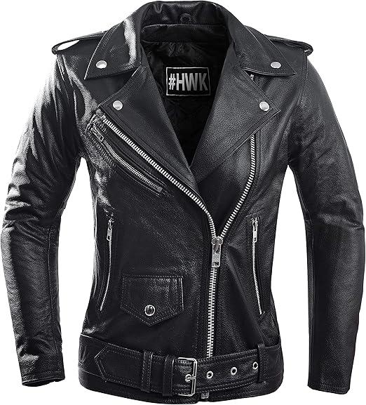 HWK Brando Leather Motorcycle Jacket for Women, Genuine Leather Jacket for Weather & Water Resistant Motorbike Riding L