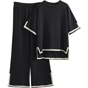 Tanming Sweater Sets Women 2 Piece Lounge Sets Short Sleeve Knit Pullover Tops Wide Leg Pants (Large, Black)