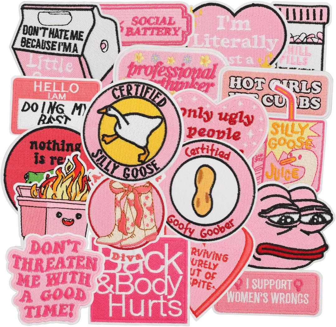 20 PCS Pink Funny Embroidered Iron On Patches for Clothes, Backpacks, Jackets, Hats, Jeans, Girly Meme Sew On Applique Patches for Girls
