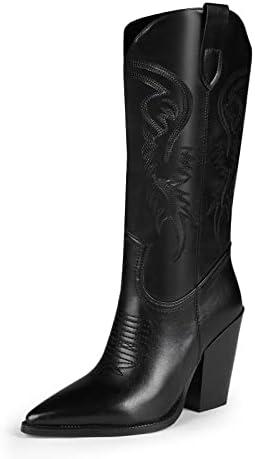 ISNOM Cowboy Boots Cowgir Boots for Women, Pointed Toe Chunky Heel Western Boots, 9.5