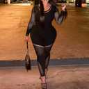 Women's Sexy Mesh One Piece Jumpsuit High Stretch Rave Long Sleeves Clubwear Bodysuit Party Night Outfits (Black)