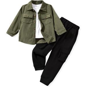 HINTINA 2T Toddler Boy Fall Clothes Corduroy Long Sleeve Button Down Lapel Collared Shacket Jacket White T-shirt Cargo Pants Set 3 Pieces Casual Winter Outfits Spring Clothing, 2-3 Years, Army Green