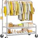 Raybee Heavy Duty Clothes Rack Load 420 LBS, Clothing Racks for Hanging Clothes, Rolling Garment Rack with Sturdy Wheels & 2 Shelves for Bedroom, Laundry Room, Entry Hall, Portable, Chrome