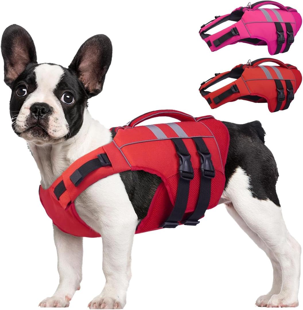 Kuoser Medium Dog Life Jacket, High Flotation Dog Life Vest for Swimming Boating, Reflective Dog Swimming Vest for Medium Dogs Pet Life Preserver with Rescue Handle, Red M (Medium (Chest Girth:20.5-25.2''))