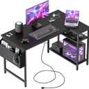 Small L Shaped Computer Desk with Power Outlets, Gaming Desk for Small Spaces, Corner Desk with Reversible Storage Shelves, Study Writing Table for Home Office (Socket, Black, 48 inch)