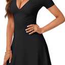 Rooscier Sexy Deep V Neck Mini Dress for Women Ruffle A Line Short Sleeve Wedding Guest Party Casual Sundress (Black, XS)