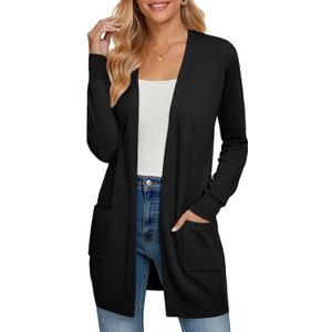 GRACE KARIN Women Lightweight Cardigan Sweaters with Pocket Long Sleeve Shrugs (Medium, Black)
