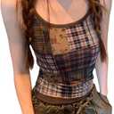 Women's Y2K Vintage Plaid Tank Tops Floral Patchwork Sleeveless Slim Fit Summer Top, XS
