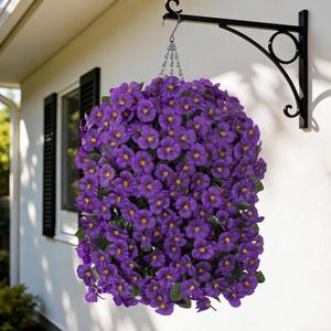 4pcs Artificial Flowers for Outdoors Fake Pansy with Hanging Basket UV Resistant Silk Spring Faux Flowers for Outside Front Door Porch Yard (Dark Purple)