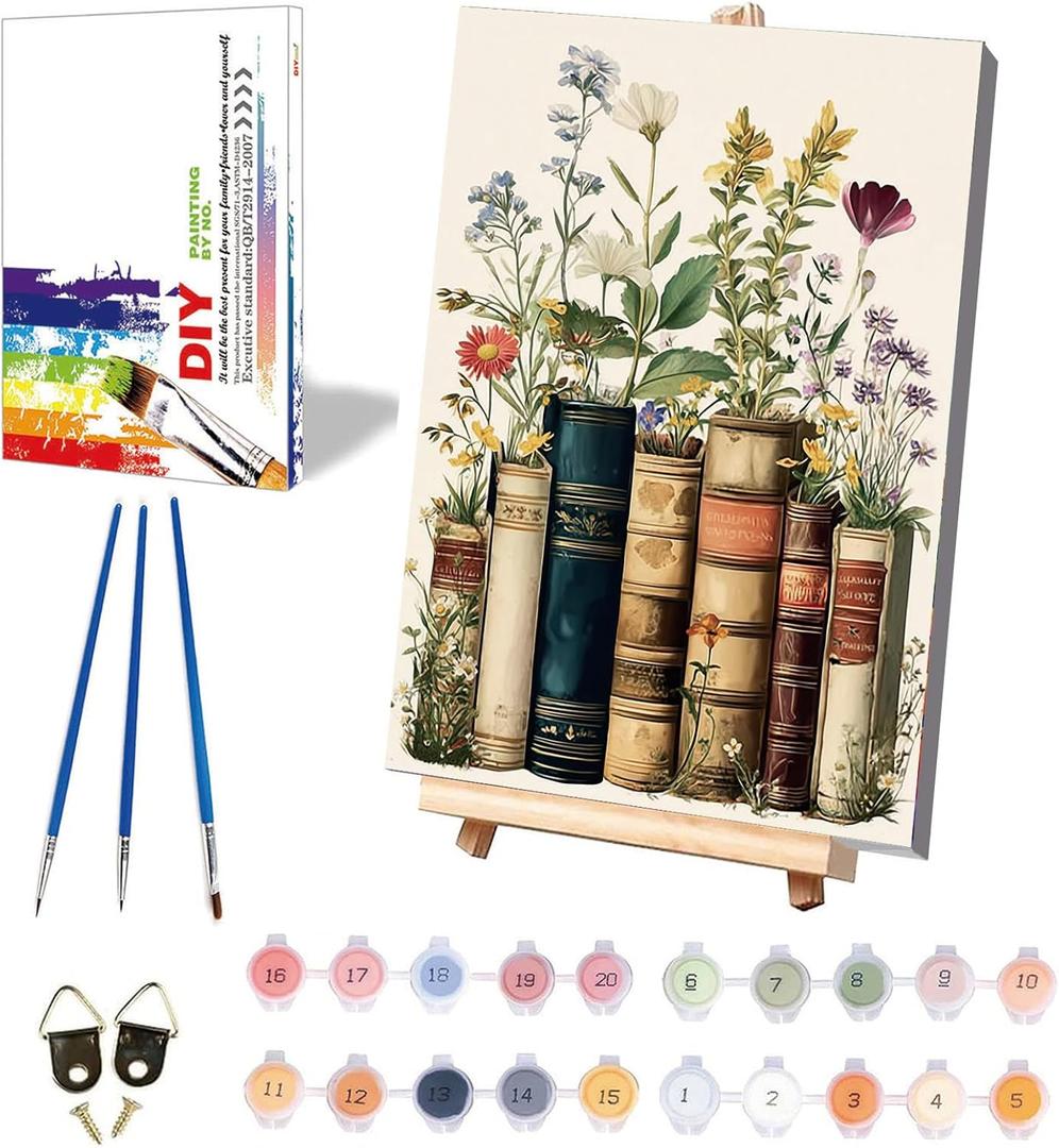 xackcme Book Paint by Numbers for Adults with Framed Canvas - with Wooden Easel, Flowers Paint by Number on Canvas, DIY Books Acrylic Oil Painting Kits with Brushes for Home Wall Decor (8x12 inch) (BKH1847)