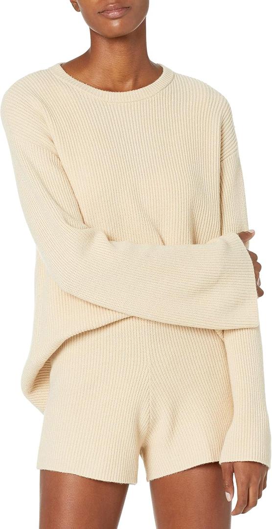 The Drop Women's Alice Crew-Neck Back-Slit Ribbed Pullover Sweater (Large, Creme Brulee)