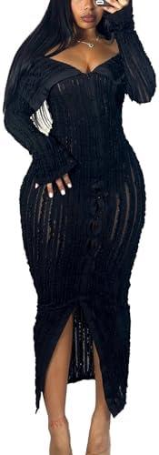 Sexy Button Down Dresses for Women Date Night Off Shoulder See Through Mesh Ruffle Bodycon Maxi Dress 2XL