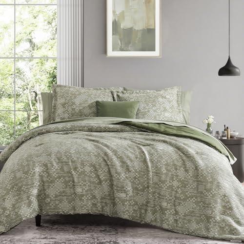 MaiRêve Queen Comforter Set Olive Green, Crinkle Textured Design Bedding Set 7 Pieces Bed in A Bag, All Season Farmhouse Comforter Set with Sheets, Pillowcases & Shams, 90x90