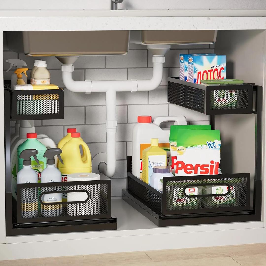 2 Pack Under Bathroom Sink Organizers and Storage 2-Tier Metal Pull Out Cabinet Organizer with Sliding Out Drawers Space Saving Undersink Slide Out Shelves for Kitchen Pantry, Black