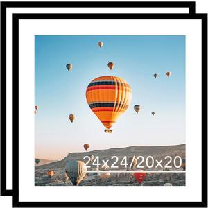 24x24 Picture Frame Set of 2 Black with 20x20 Mat, Display Photo 20x20 with Mat or 24 x 24 Without Mat, Wall Hanging Large 24x24 Poster Frame with Shatter Resistant Plexiglass, 2 Pack, Black