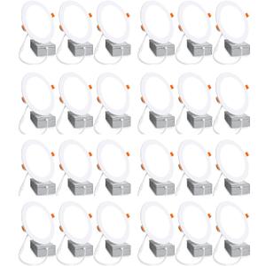 24 Pack 6 Inch 6000K Daylight Ultra-Thin LED Recessed Ceiling Light with Junction Box, 1080LM Brightness, LED Lights Canless Wafer Downlight 12W 110W Eqv Can-Killer Downlight. (White)