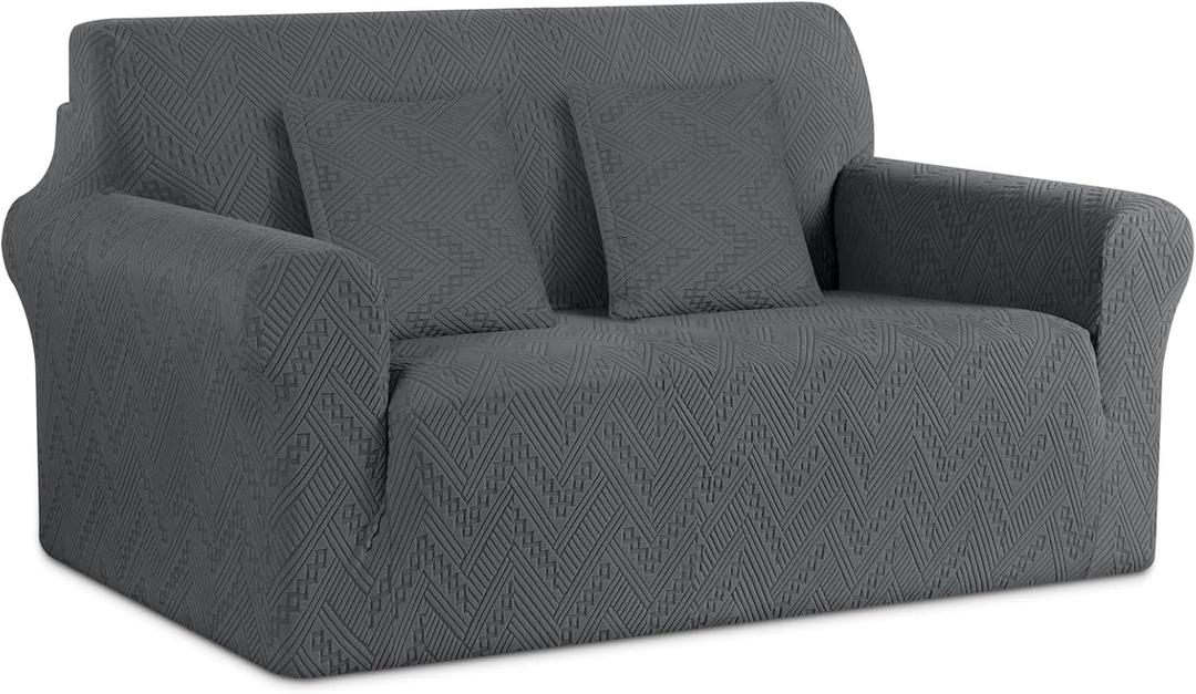 Ruaozz Stretch Loveseat Sofa Cover 1 Piece Couch Covers for 2 Cushion Couch Non Slip Loveseat Slipcover Soft Jacquard Furniture Protector with 2 pcs Throw Pillow Covers (2 Seater, Dark Gray)