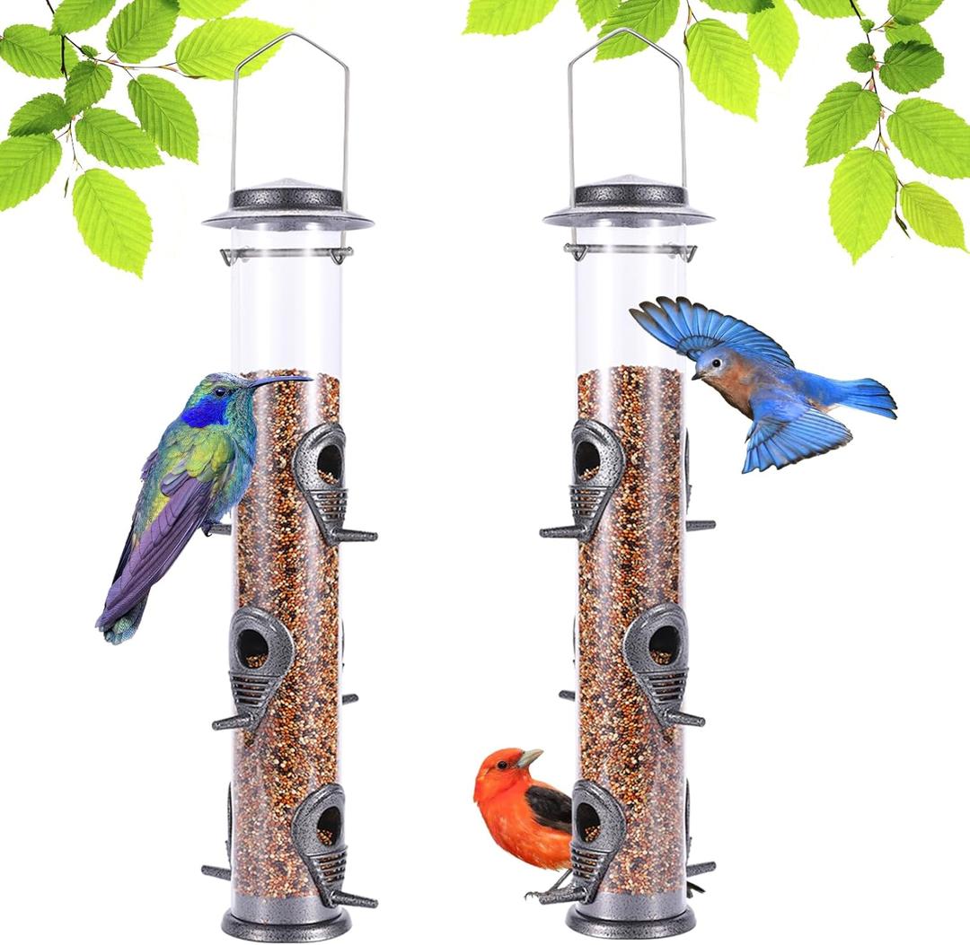 MIXXIDEA 2PK Metal Wild Bird Feeder Squirrel Proof Bird Feeders for Outside Hanging 6 Port Tube Bird Feeder Transparent Finch Feeder with Steel Hanger (Grey) (Gray)