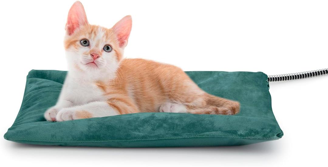 Outdoor Heated Cat Bed, Soft Pet Heating Pad with Steel-Wrapped Cord, Outside Pet Warmer for Feral Cats and Dogs, 15.7" x 11.8", 30 Watts (Green)
