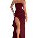 YMDUCH Women's Elegant Strapless Bodycon Ruched Ruffle High Split Long Formal Evening Dress WineRed Size S