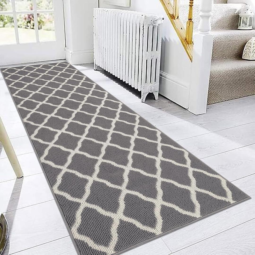 SHACOS Hallway Runner Rugs 2.6x8 ft Washable Long Rug Runner Non Slip Rubber Backing Kitchen Rug Hall Carpet Runner Dirt Trapper Floor Mats for Entryway Bedroom Laundry Room, Light Gray