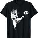 Funny Cat Soccer Ball Graphic T-Shirt (Small, Black)