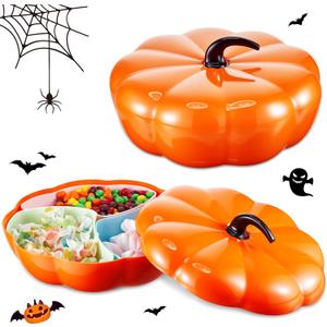 Sliner 2 Set Halloween Pumpkin Snack Tray with Lid Plastic Divided Pumpkin Candy Bowl Fall Thanksgiving Halloween Serving Tray for Candy Appetizer Nuts Food (9.8 x 9.8 x 3.5 Inches)