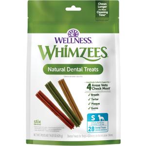 Whimzees Wellness Stix Natural Dog Dental Treat, Chews, Freshens Breath, Small Size Sticks, 14.81 oz Bag, 28 Count (EXP 02/26/28)