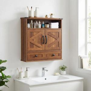 Bathroom Cabinet with Double Barn Doors – Wall Mounted Medicine Cabinet over Toilet with Adjustable Shelf & Drawer, 25" Wide Hangging Storage Cabinet for Bathroom, Kitchen, Laundry, Entryway Brown