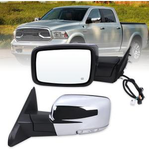 Left Driver Side Mirror Compatible With 2013-2018 Ram 1500 2500 3500 With Power Folding Power Glass Heated Temperature Sensors Turn Signal Puddle Lights Chrome Replace#68096197AF(10+2Pins), L-12Pins