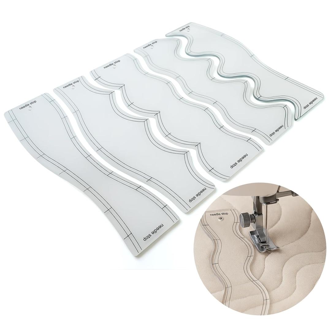 5 Pcs Wave Quilting Ruler Set, 10.2 Inch Acrylic Quilting Templates with 6 Wavelengths, Free Motion Quilting Rulers for Machine Quilting, Sewing, Patchwork, DIY Craft Stencils