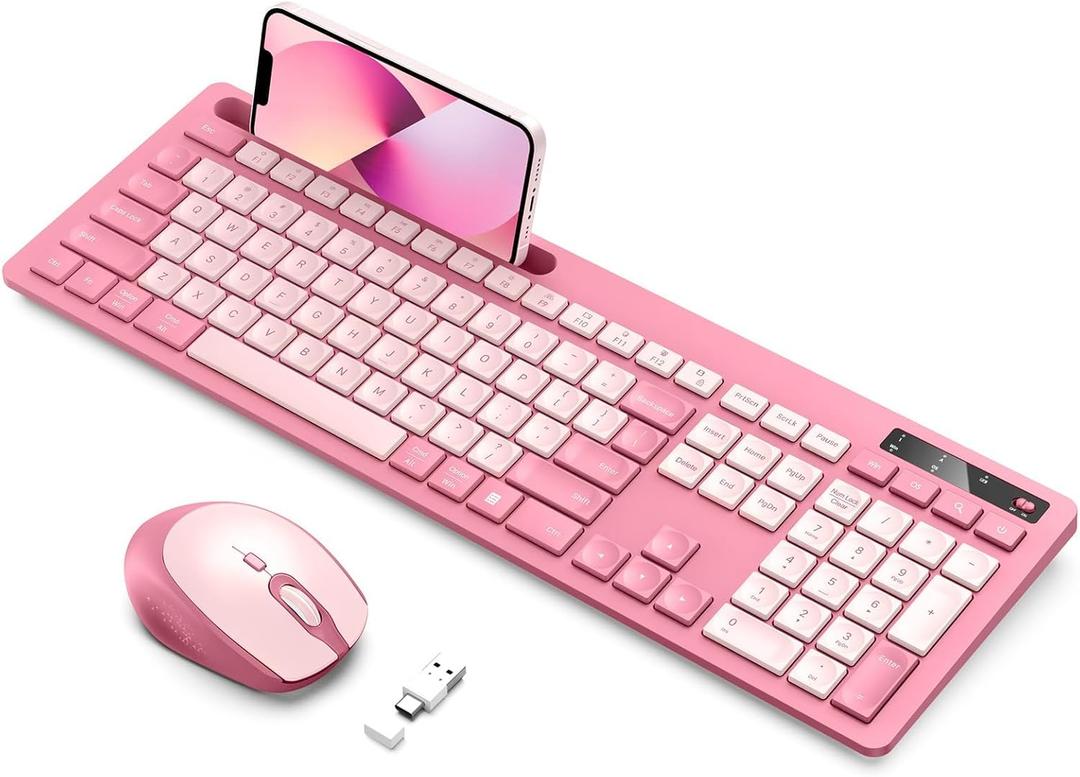 Wireless Keyboard and Mouse Combo Rose Pink, Vivefox USB A & Type C Cute Wireless Keyboard with Phone Holder, Compatible for Mac, MacBook/Air/Pro Windows Computer Heartbreaker Rose