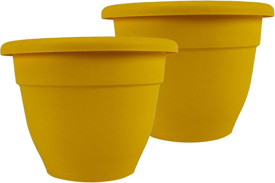 The HC Companies 16 Inch Caribbean Planter Pots with Drainage & Plug, Rolled Rim Plastic Planters for Indoor & Outdoor Plants, 2-Pack Decorative Flower Pots for Garden, Office & Home Decor, Honey