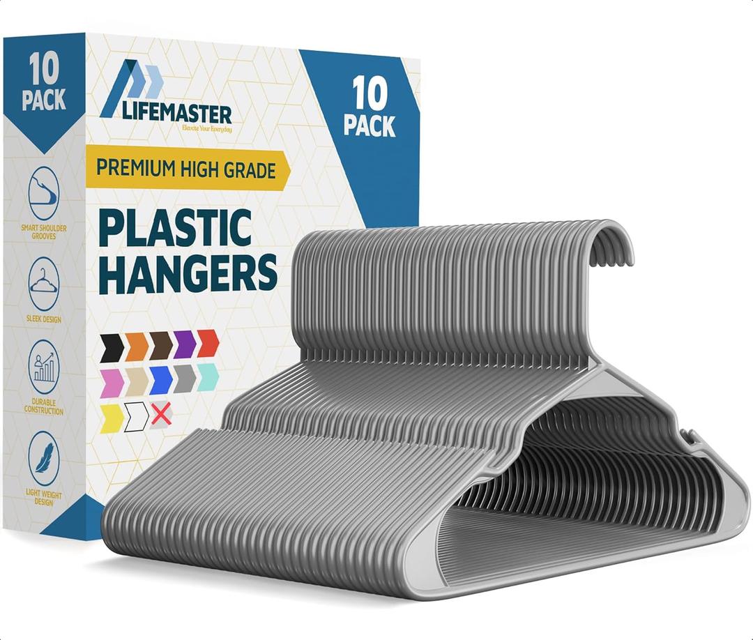 Lifemaster Plastic Clothes Hangers  Heavy Duty Hanger Set, for Organizing Clothes, Dresses, and Coat, Holds Up to 5 lbs, Space-Saving Hangers with Non-Slip Shoulder Grooves, Pack of 10, Gray
