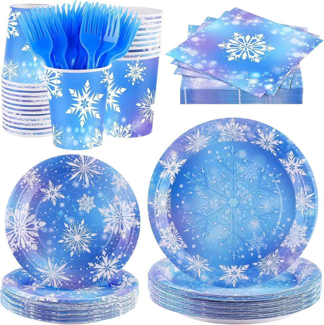 durony 144 Pieces Frozen Paper Plates and Napkins Dinnerware Set Winter Snowflake Party Tableware Supplies Includes Paper Plates Napkins Forks Serve 24 for Christmas Party Supplies