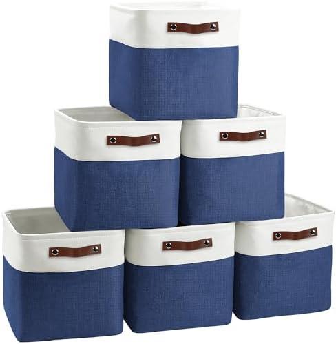 FinishingBo Cube Storage Baskets 6 Pack, 11x11 inch Foldable Cube Storage Bins with Leather Handles for Shelf Closet Nursery Toys (White/ Blue)
