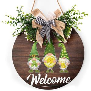 St Patrick's Day Door Sign Welcome Gnome Door Decor Hanging Green Shamrock Sign Decorative Farmhouse St.Patrick's Day Wooden Shamrocks Irish Welcome Sign for Holiday Decor, 12 x 11.5