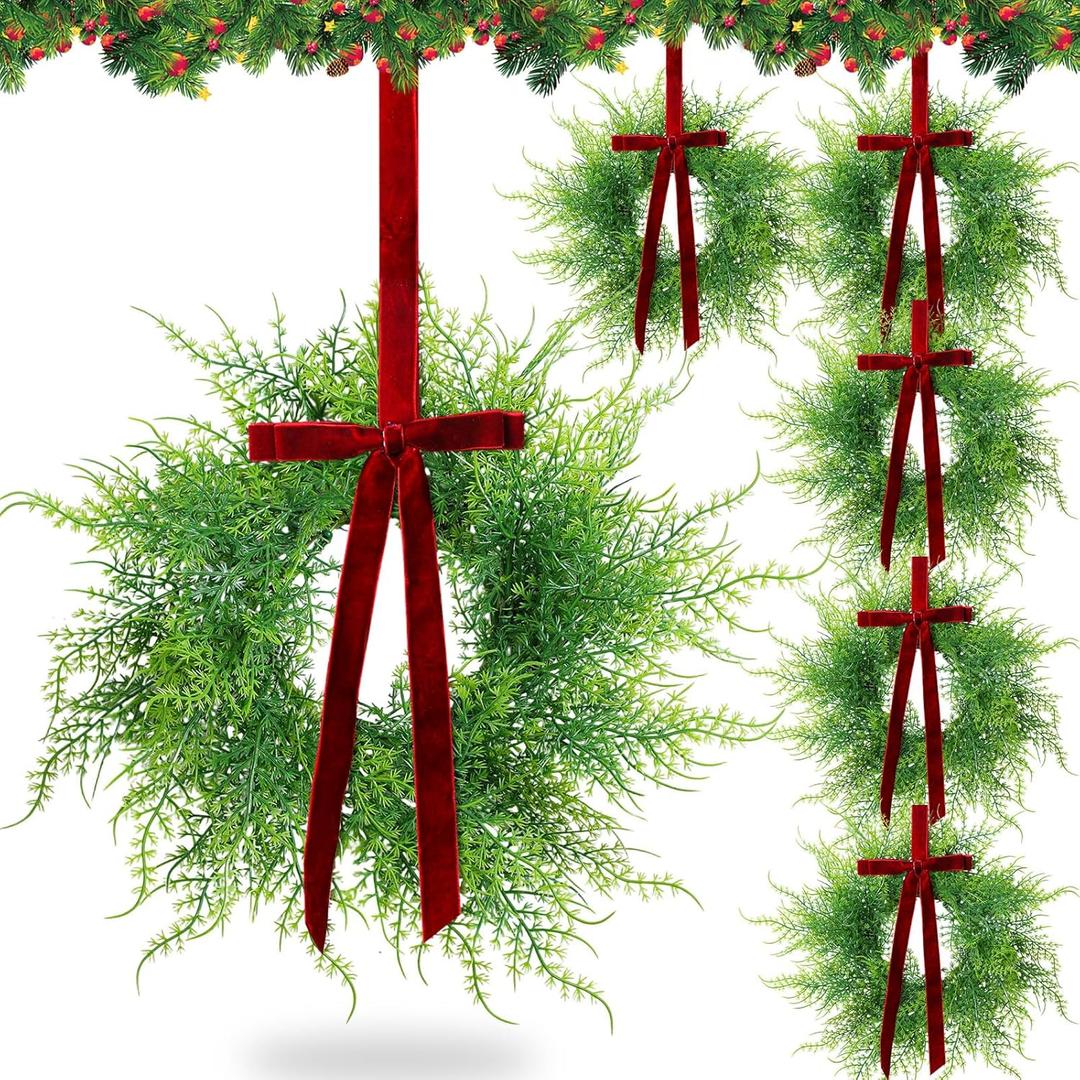 XunYee 6 Pack Small Christmas Wreath for Cabinet Home Kitchen Whimsical Decor with Velvet Bow 11" Persian Grass Lime Green Green Fern Mini Wreaths for Xmas Home Candle Window Chair Fence Decor