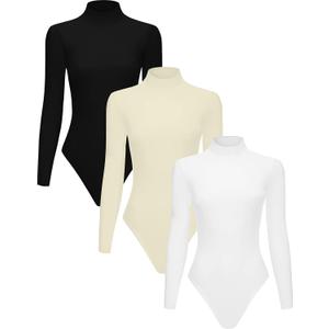 3 Piece Women's Mock Turtle Neck Long Sleeve Bodysuit T Shirts Body Suit Tops (X-Large, Black/White/Khaki)