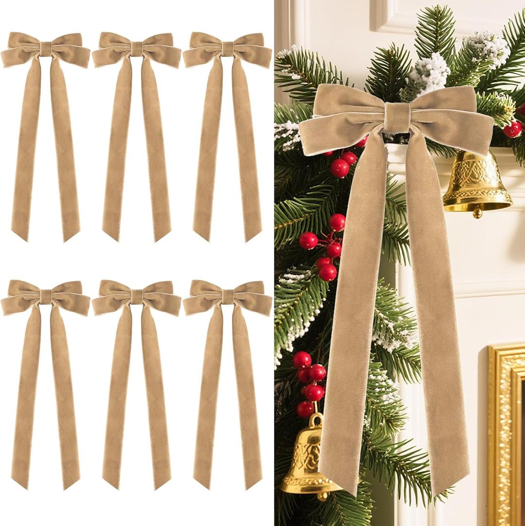 Senjie Velvet Large Christmas Bows for Staircase Garland Wreath, 20in x 8in Vintage Ribbon Bows with Twist Tie for Xmas Tree Holiday Indoor Outdoor Decorations (6Pcs, Khaki) (20 x 8 Inch, Width of 1.5")