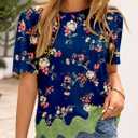 LOLONG Womens Short Sleeve Printed Tops Summer 2026 Crew Neck Color Block Casual Blouses (S)