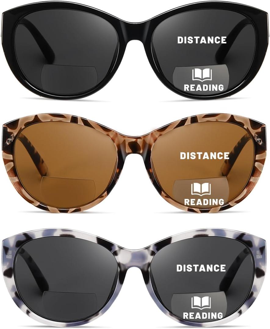 Hubeye Bifocal Reading Sunglasses for Women 3 Packs,UV400 Sun Readers Glasses Outdoor Square Fashion Sunglasses +1.5 (Black+tortoiseshell+grey Tortoiseshell)