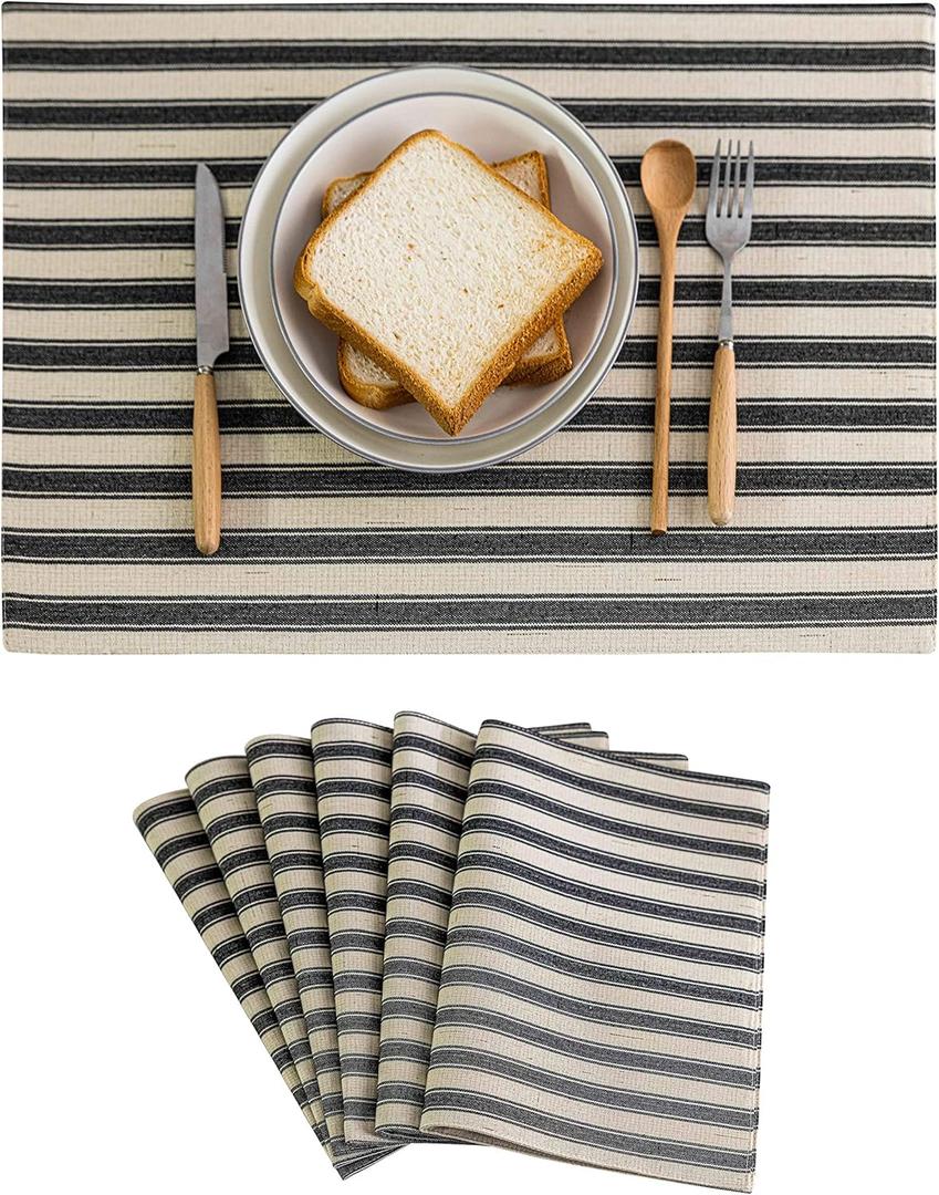 Home Brilliant Cloth Placemats Set of 6 Heat Resistant Place Mats for Dining Table Farmhouse Washable Placemats for Fall Parties Buffet Dinner, 13 x 19 inches, Stripes, Black and White