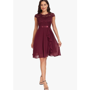 Women's Retro Lace Contrast Chiffon Ruffle Evening Cocktail Dresses, Tea Party Dress for Women 2024 Wedding Dress, Small