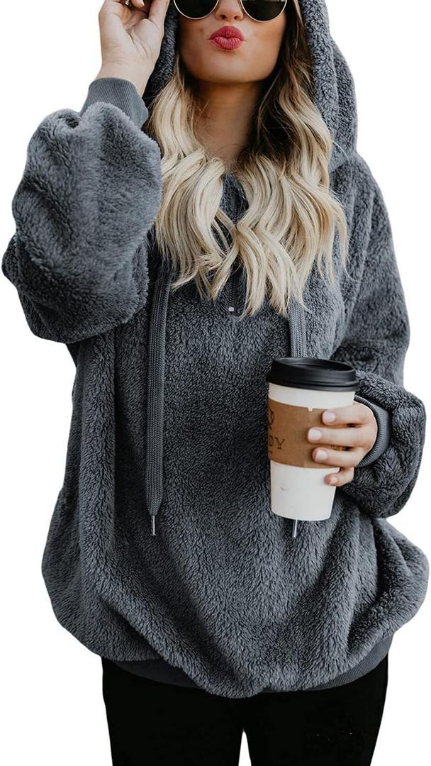 American Trends Womens Athletic Fuzzy Hoodies Sherpa Pullover Hoodie for Women Zip Oversized Plush Hoodie with Pockets (Small, Dark Grey)