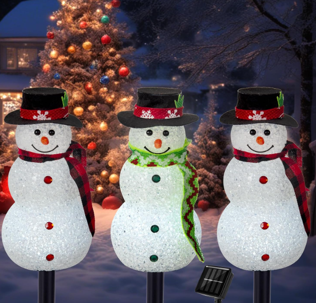 Christmas Pathway Lights Outdoor Decoations, Solar LED Snowman Stake Lights, Waterproof Walkway Landscape Light for Winter Yard, Garden Decor (Cool White, 3 Pack)